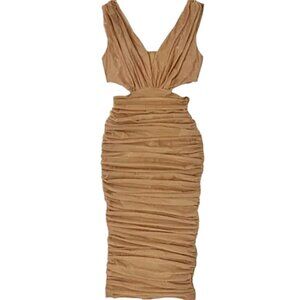 Akira Brown Ruched Mesh Midi Dress S Sleeveless Bodycon Formal Party
